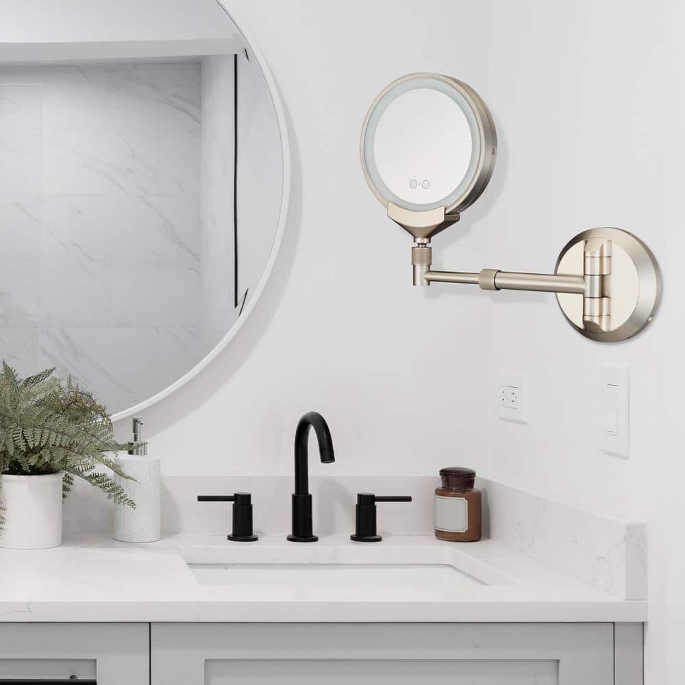 Satin Nickel LED Wall Mount Vanity Mirror with Telescoping Arm
