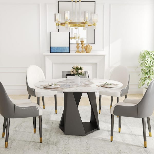 53 in. Pandora Round Sintered Stone Tabletop Black Pedestal Base Kitchen Dining Table (Seats 6)