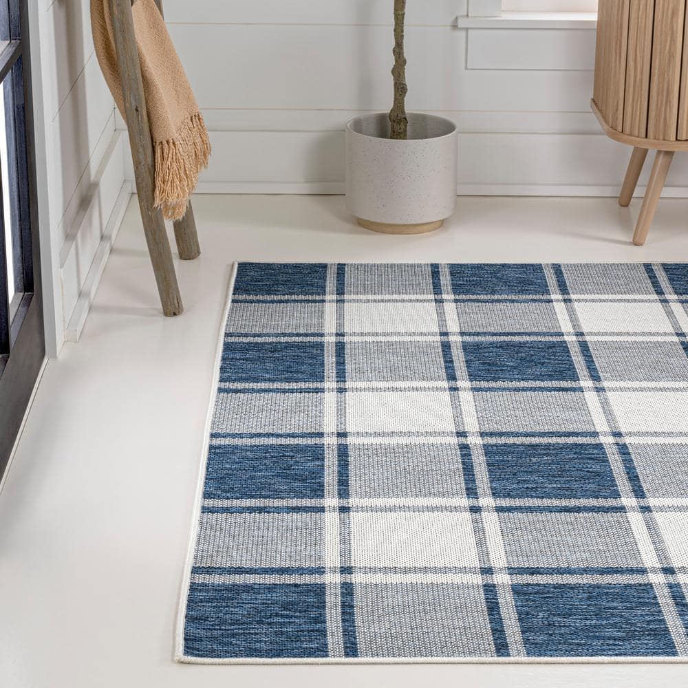 Sabine Navy and Cream Gingham Synthetic 3 x 5 Area Rug