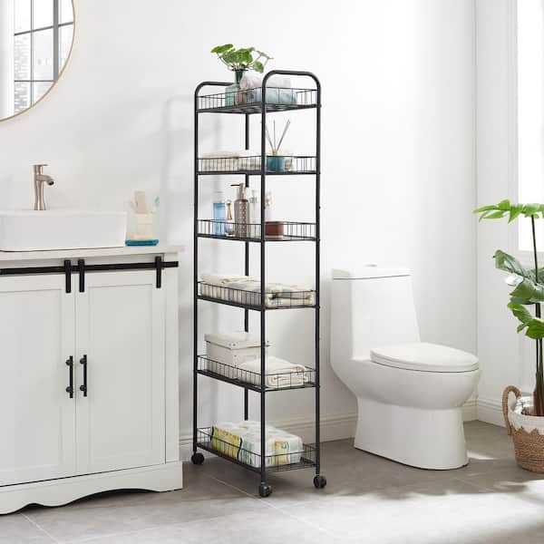 Otryad Mobile Shelving Unit with Wheels, Metal Wire Storage Shelving Rack with Baskets for Kitchen Bathroom in Black
