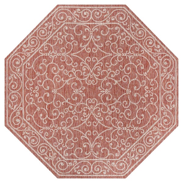 Charleston Vintage Filigree Textured Weave Red/Beige 8 ft. Octagon Indoor/Outdoor Area Rug