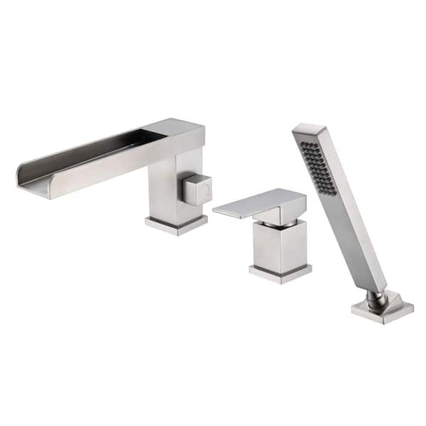 Waterfall Single Handle Tub Deck Mount Roman Tub Faucet with Hand Shower in Brushed Nickel