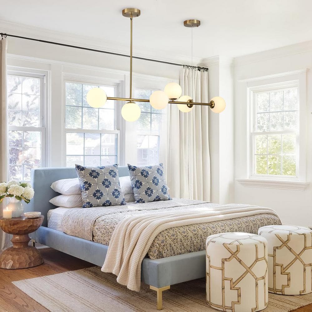 Modern Brass Linear Sputnik Chandelier with Milk Glass Shades