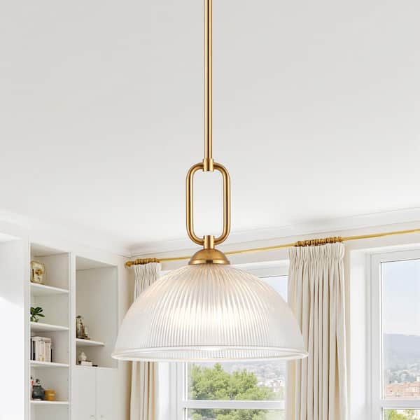 12 in. 1-Light Plated Brushed Gold Dimmable Pendant Light with Clear Ribbed Glass