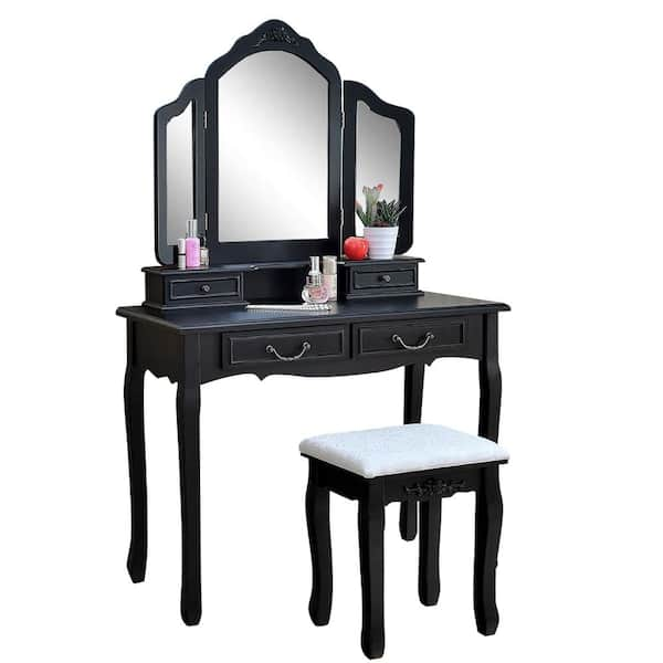 Outopee Tri fold Mirror Black Vanity Makeup Table Set with 4