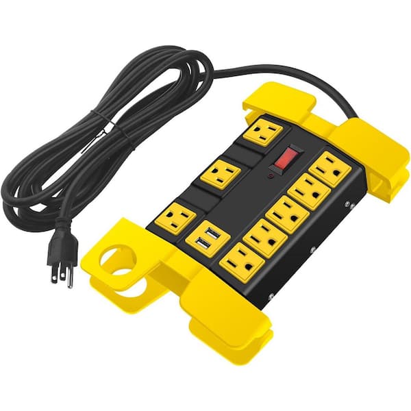 Heavy Duty Metal Power Strip with USB Ports, 8 Outlet Surge Protector 2700J,15 Amp, Black, 6 ft. Extension Cord