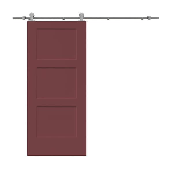 CALHOME 30 in. x 80 in. 3-Panel Maroon Stained Composite MDF Equal Style Interior Sliding Barn Door with Hardware Kit