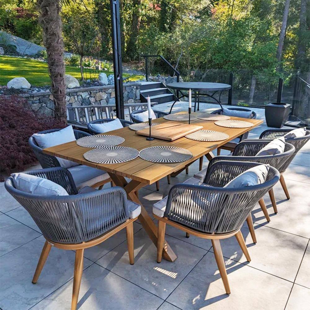 Teak-Finish 9-Piece Wicker Square Aluminum Frame Outdoor Dining Set and Pillows with Beige Cushions