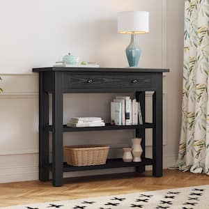 36 in. Black Rectangle MDF and Oak Veneer Console Table with 2 Open Shelves and a Large Drawer