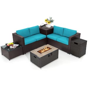 6 Piece Patio Sofa & Fire Table Set Outdoor Wicker Rattan Sectional Sofa Set w/Storage Box Turquoise