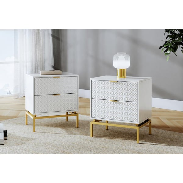 JAYDEN CREATION Vico White 25 in. Tall 2-Drawer Nightstand Set with Metal Hardware