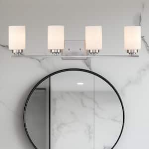 Mod Pod 31.25 in. 4-Light Brushed Nickel Bathroom Vanity Light Fixture with Frosted Glass Cylinder Shades