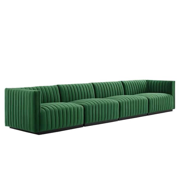MODWAY Conjure 109.5 in. W Square Arm Channel Tufted Performance Velvet 4-Piece Rectangle Sofa in Black Emerald Green
