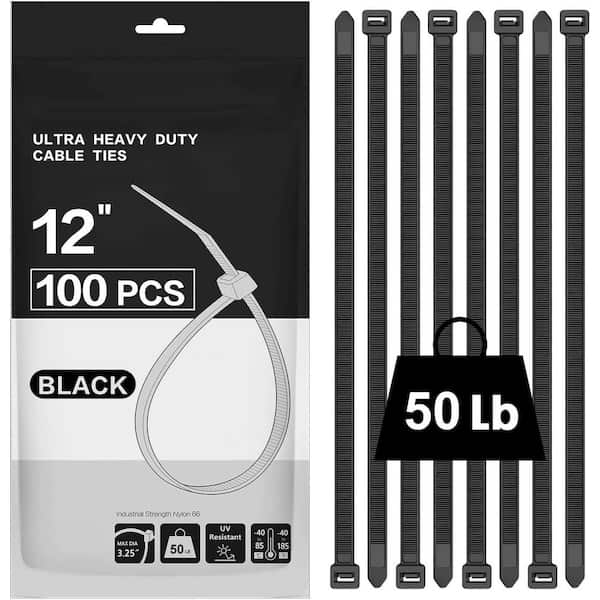 UV Resistant Nylon Cable Zip Tie 12 in. Black 100-Pack Heavy Duty for Indoor and Outdoor Use