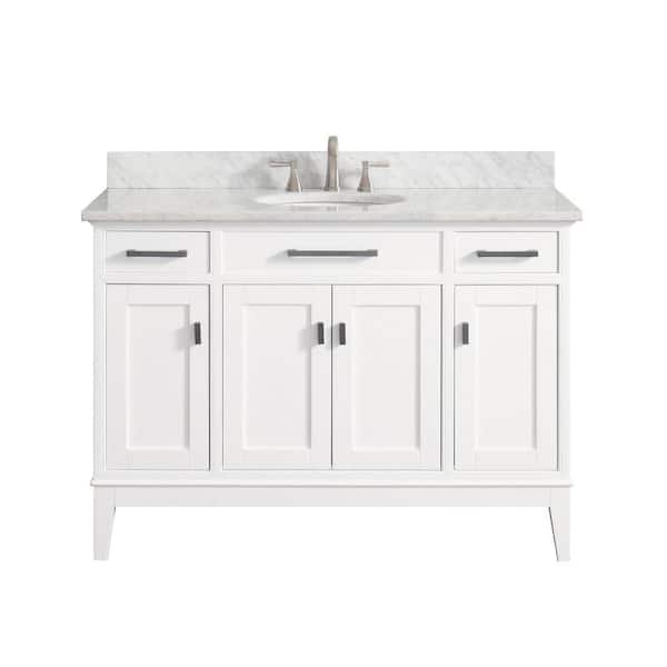 Avanity Madison 49 in. W x 22 in. D x 35 in. H Vanity in White with Marble Vanity Top in Carrera White with White Basin