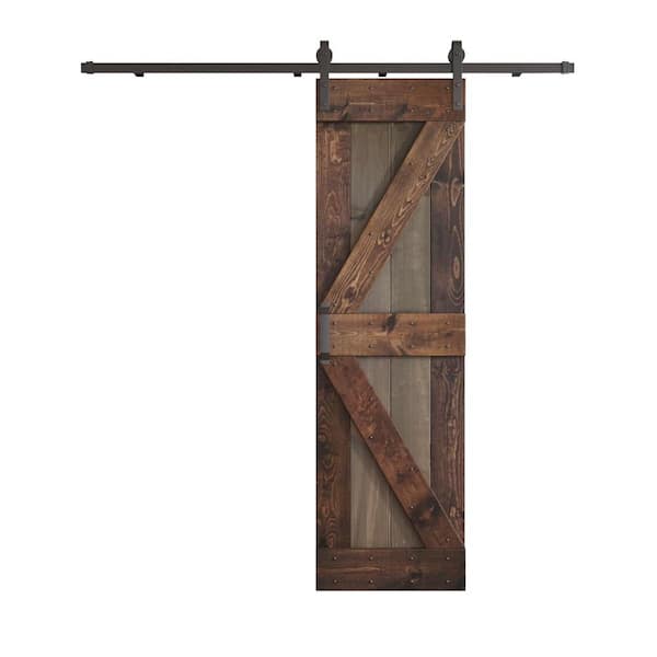 COAST SEQUOIA INC K Series 24 in. x 84 in. Smoky Gray/Kona Coffee Knotty Pine Wood Sliding Barn Door with Hardware Kit