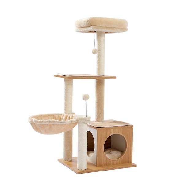 Foobrues 18.9 in. Beige Multilevel Cat Stand with Roomy Cat Litter