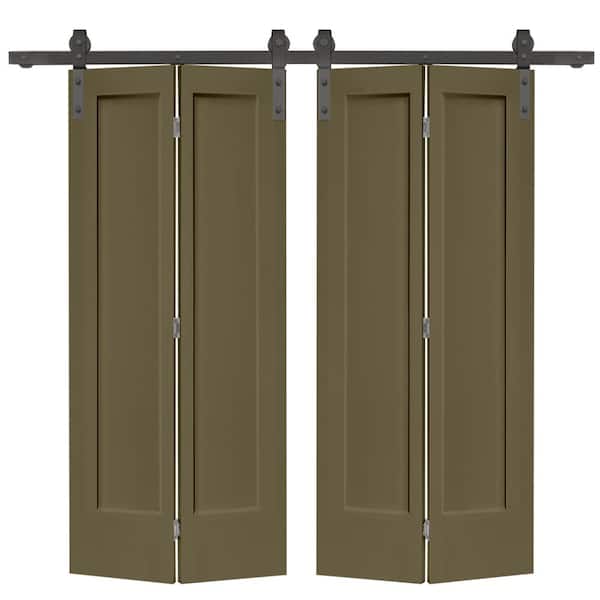 CALHOME 48 in. x 80 in. 1 Panel Shaker Olive Green Painted MDF Composite Double Bi-Fold Barn Door with Sliding Hardware Kit