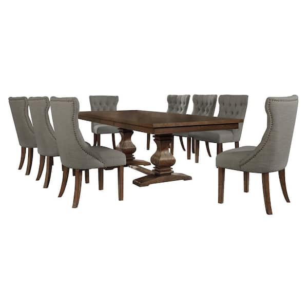 Best Quality Furniture Karol 9-Piece Rectangular Wood Dining Table Set Gray Linen Fabric Chairs