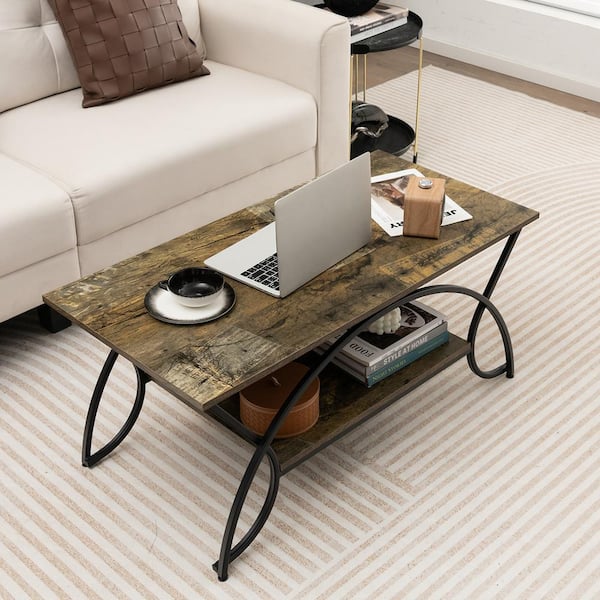 Costway 39.5 in. Dark Brown Rectangle Particle Board Industrial Coffee Table Cocktail Table with Storage Shelf 2-Tier