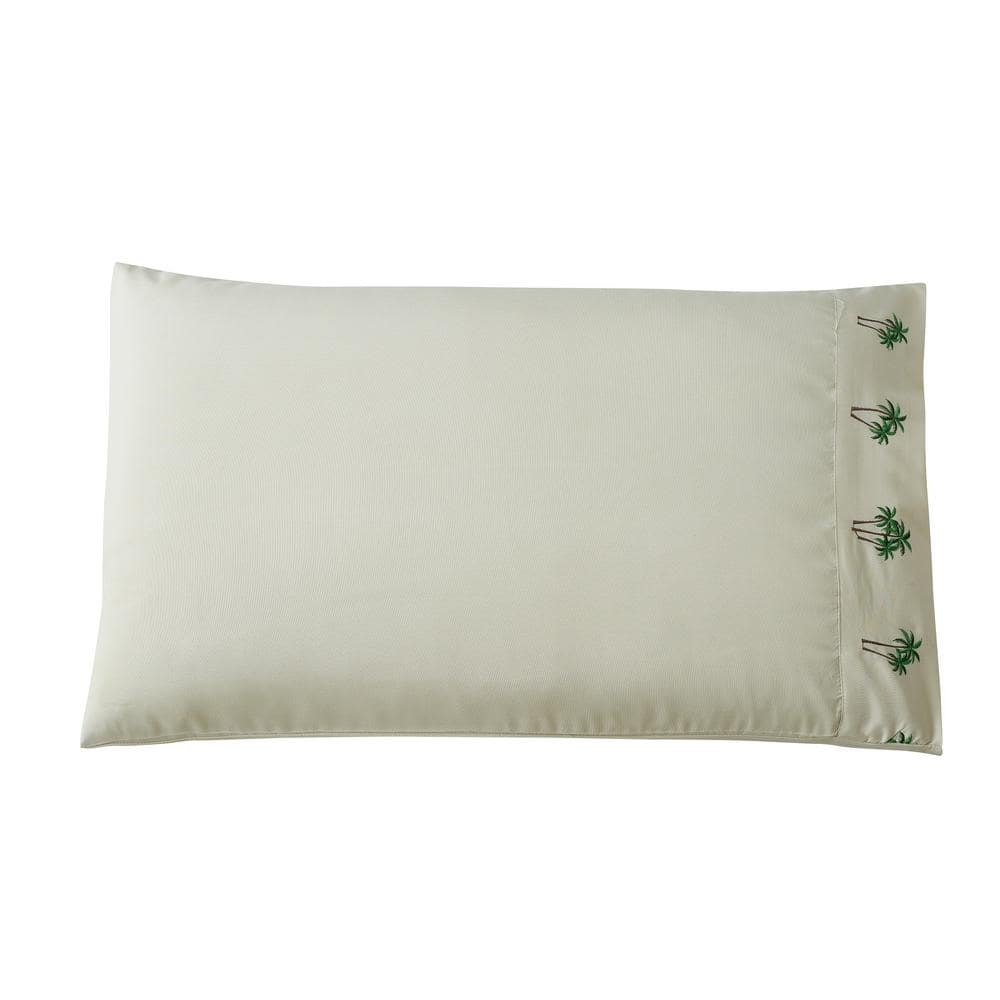 Queen Beige Embroidered Palm Tree Microfiber Sheet Set
