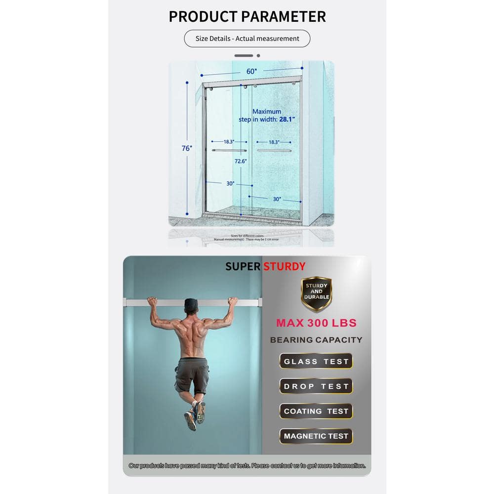60" Chrome Frameless Double Sliding Shower Door with Clear Glass