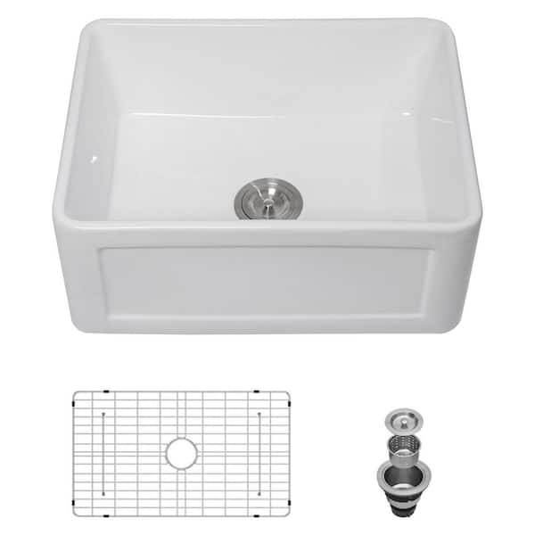 LORDEAR White Fireclay 24 in. Single Bowl Farmhouse Apron Front Kitchen Sink with Bottom Grid