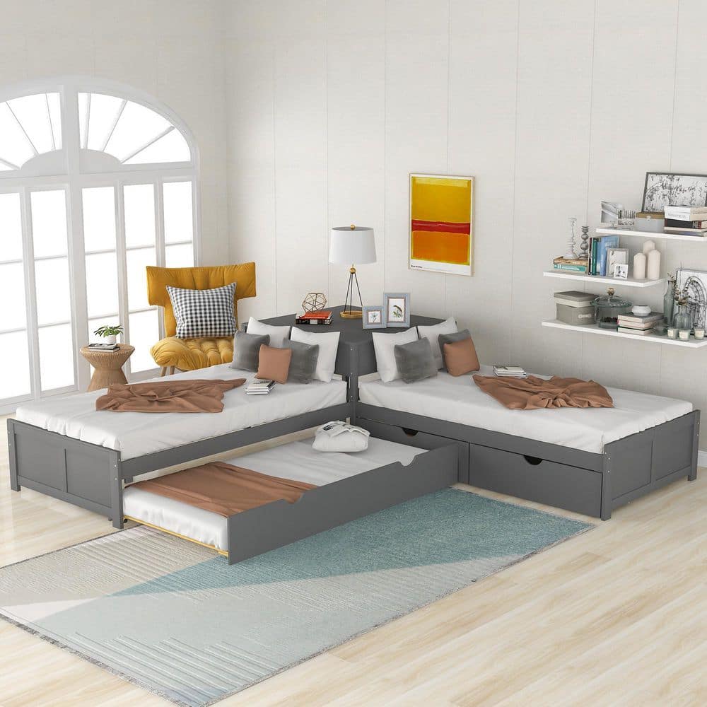 Gray Wood Frame Twin Size L-shaped Platform Bed with Trundle and Drawers Linked with built-in Desk price history on PriceWatchPro
