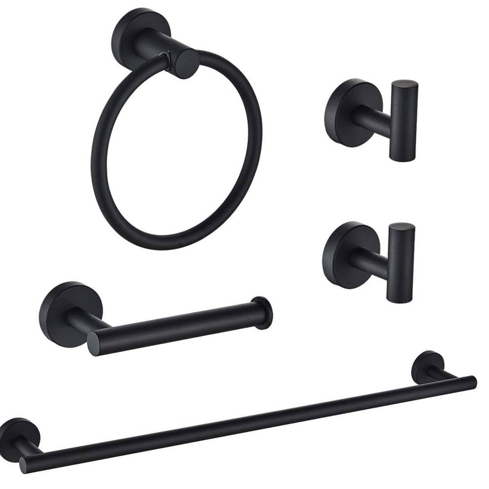 Stainless Steel 5-Piece Bath Hardware Set with 16 in. Towel Bar 2 Towel Hooks TP Holder Towel Ring in Matte Black price history on PriceWatchPro