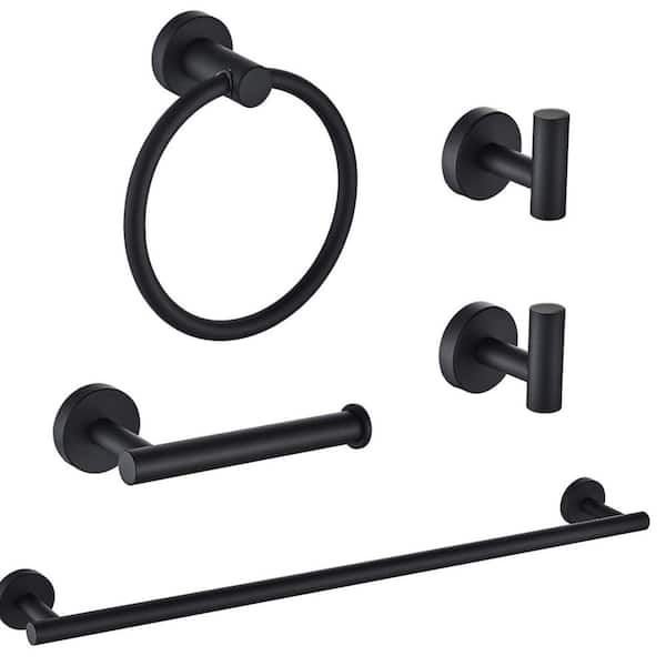 Stainless Steel 5-Piece Bath Hardware Set with 16 in. Towel Bar 2 Towel Hooks TP Holder Towel Ring in Matte Black