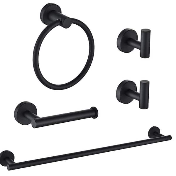 ATKING 5-Piece Bath Hardware with Towel Bar Towel Hook Toilet Paper Holder and Towel Ring Set in Matte Black