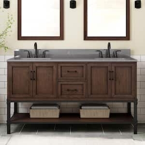 Alster 60 in. W x 22 in. D x 35 in. H Double Sink Freestanding Bath Vanity in Brown Oak with Gray Engineered Stone Top