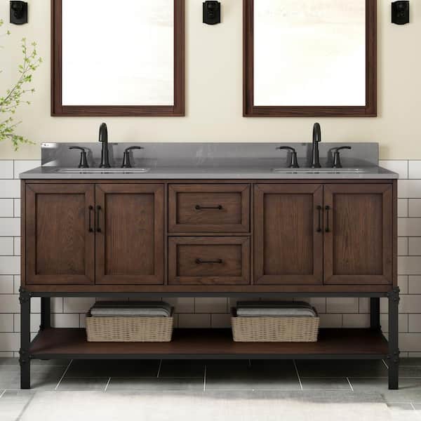 Home Decorators Collection Alster 60 in. Double Sink Brown Oak Bath Vanity with Gray Quartz Marble Top (Assembled)