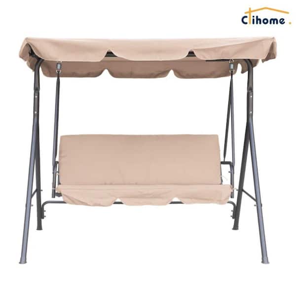 Clihome 3-Person Steel Outdoor Porch Swing with Removable Cushions in Beige