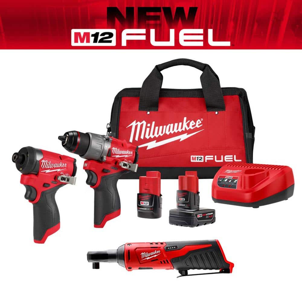 Milwaukee M12 FUEL 12-Volt Li-Ion Brushless Cordless Hammer Drill and Impact Driver Combo Kit (2-Tool) with M12 3/8 in. Ratchet -  3497-22-2457