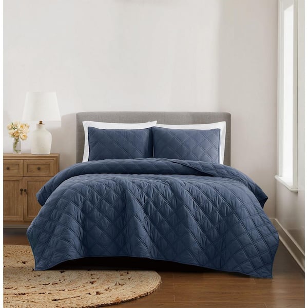 Diamond Washed 3-Piece Blue Solid Cotton Full/Queen Quilt Set