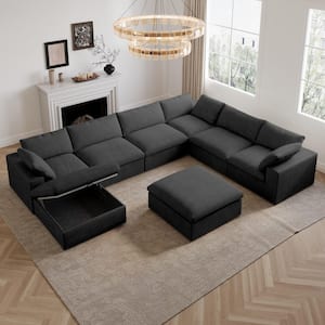 157.32 in. Square Arm Linen 8-Piece Free Combination Modular Sectional Sofa with 2 Storage Ottomans in. Black