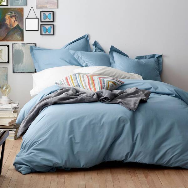 Cstudio Home by The Company Store Organic 2-Piece Dusty Blue Solid Cotton Percale Twin Duvet Cover Set