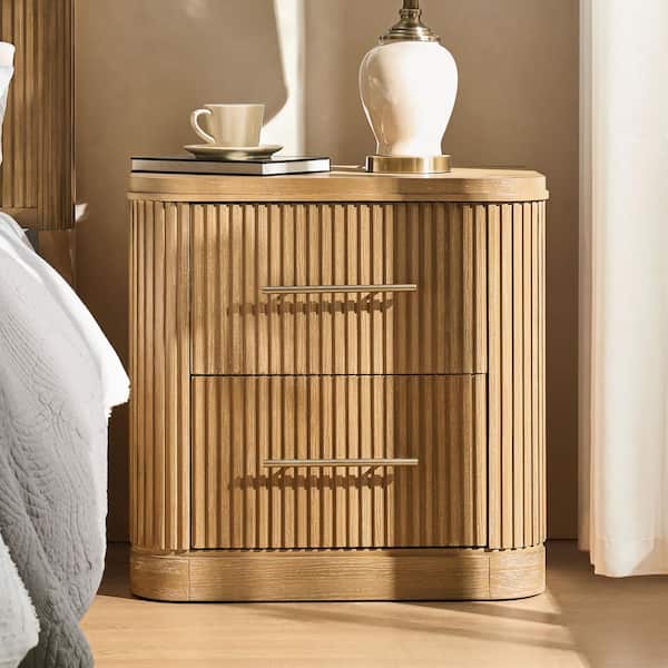 Emiliana Natural 2-Drawer 26.25 in. W Nightstand with Built-in Integrated Charging Station