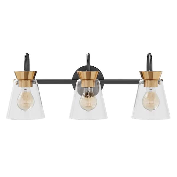 aiwen 22.5 in. 3-Light Black Vanity Light Over Mirror Bathroom Wall Sconce Lighting with Glass Shades