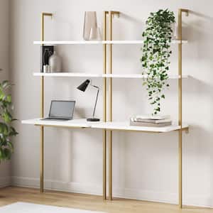 Theo 73 in. White and Gold Brass Metal 2-Shelf Wall-Mount Ladder Writing Desk Small Computer Table Bookcase, Set of 2