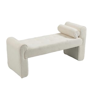 Modern Beige Boucle Upholstered Bedroom Bench with Pillows