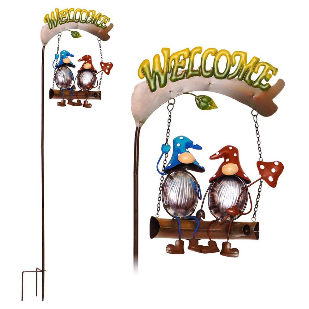 G128 Lawn and Garden Metal Solar Welcome Sign Gnomes Decorative