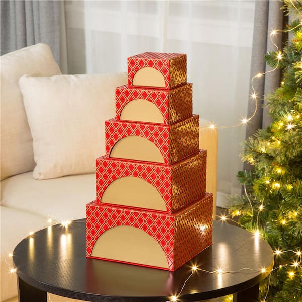 Nested Boxes Set 3 Chevron Holiday Red Green Christmas Gifts Storage Tower