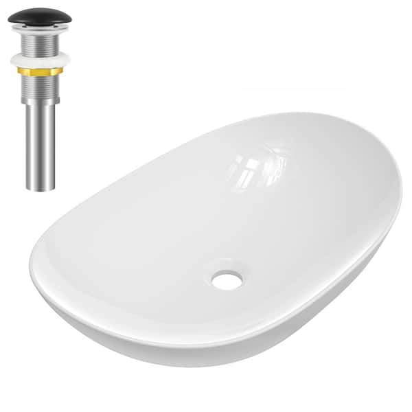 yulika Oval Sink 15 in . Bathroom Sink Ceramic Vessel Sink with Pop-Up Drain in White and Black