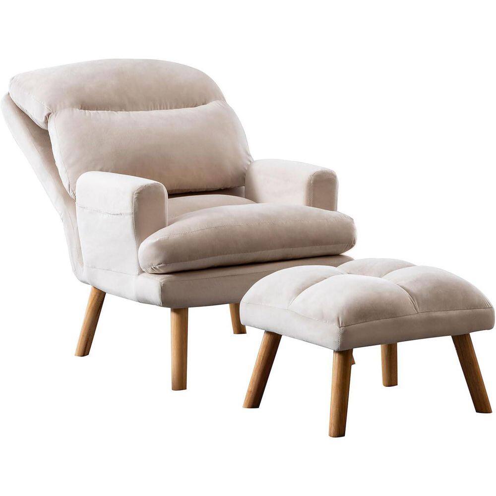 Beige Velvet Accent Chairs with Ottoman, Fabric Recliner Accent Chair