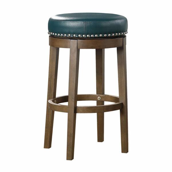 Benjara 30.5 in. Green and Brown Backless Wooden Frame Bar Stool with Faux Leather Seat