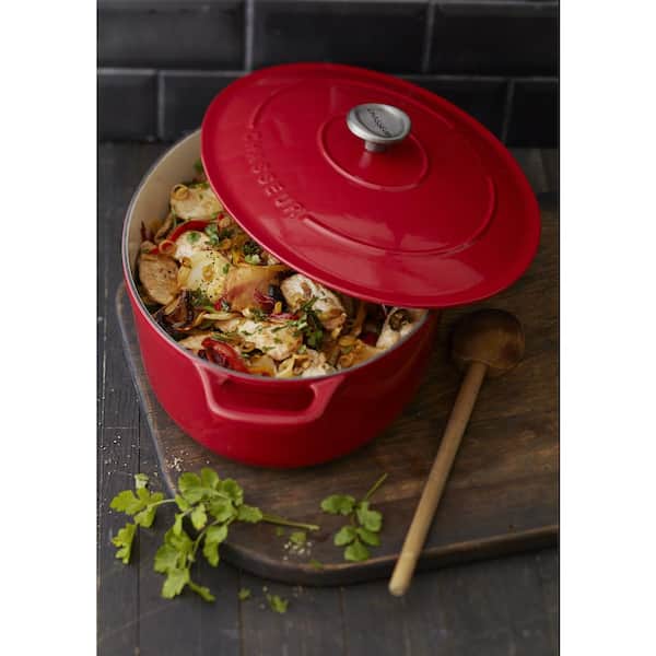 French Enameled 7.25 qt. Oval Cast Iron Dutch Oven in Red with Lid