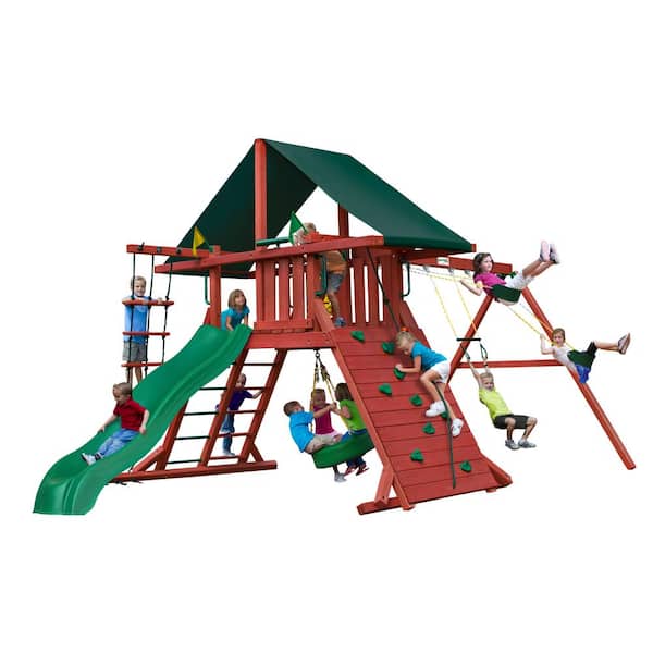 Gorilla Playsets Sun Climber I Wooden Swing Set with Sunbrella Canvas Forest Green Canopy and Tire Swing