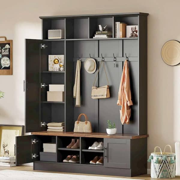 Modern Hall Tree with 6 Hooks, Walnut Storage Bench with Adjustable Shelves, Storage Space, Black plus Dark Walnut
